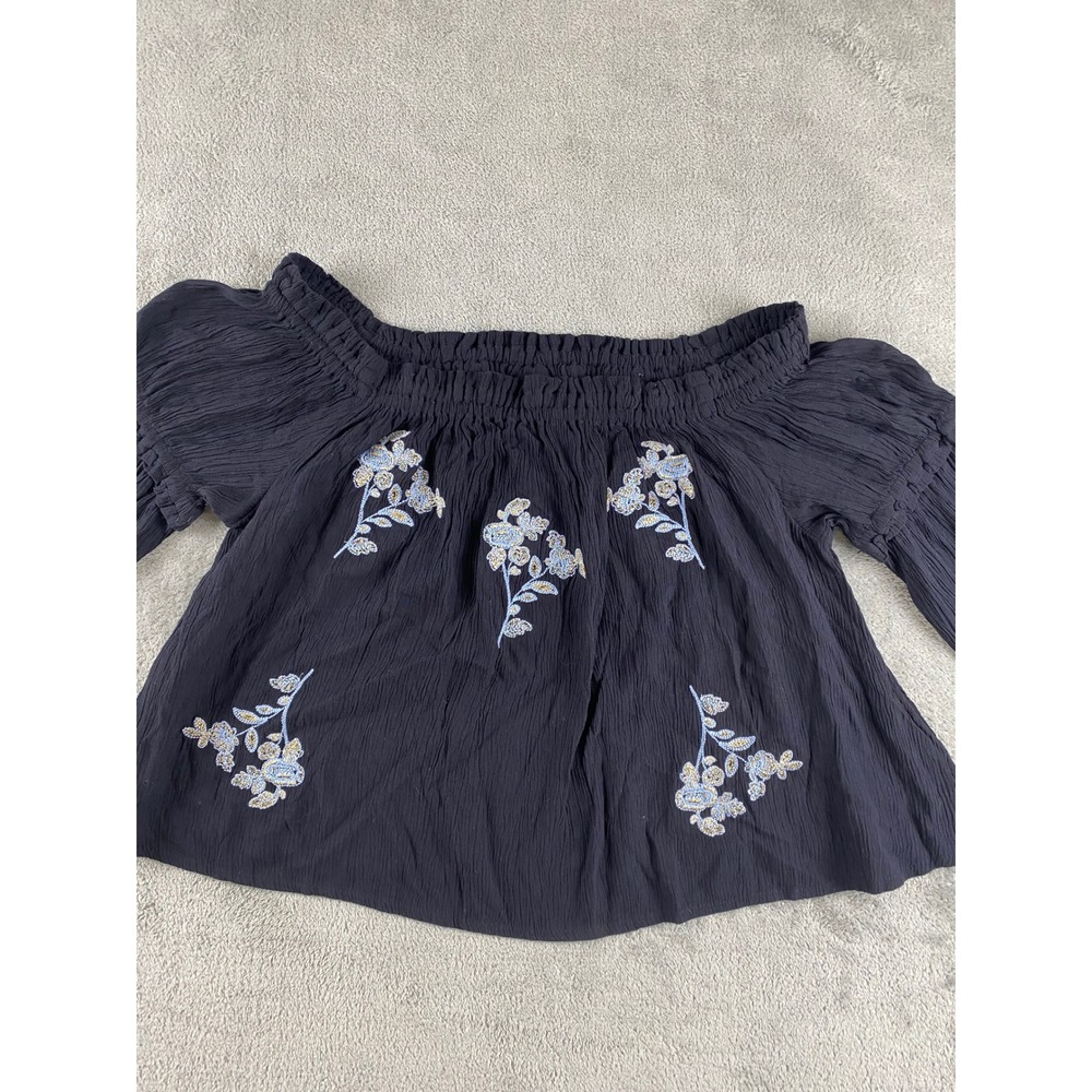 SHYANNE Black Off The Shoulder Embroidered Floral Crinkle Blouse Top Size M - Picture 2 of 11
